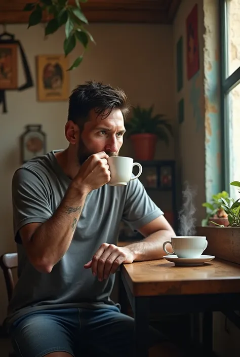 Messi take a cup of coffee become poor in village coffee shop