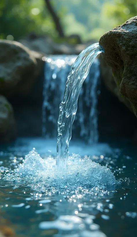 Belief, Clear water flows out of it. The water sparkles in the light, Feels fresh and natural. The background is blurred, Focus on the texture of the water."