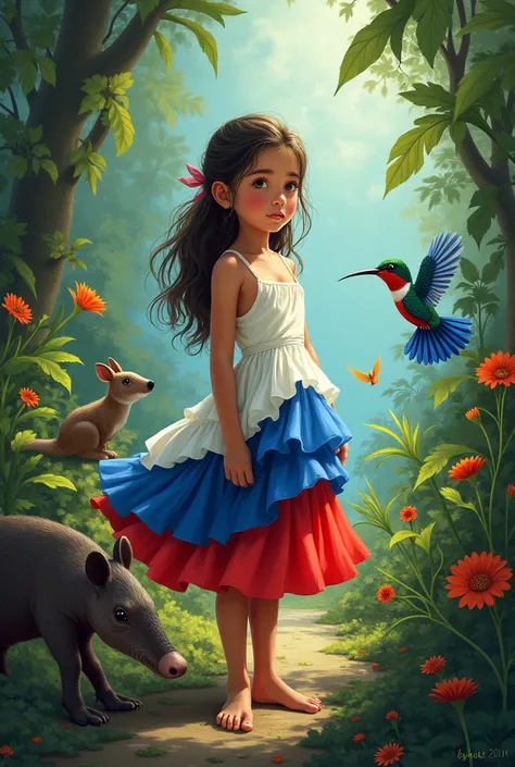 Girl in a white tricolor dress, blue and red, a tapir , a hummingbird and the phrase 203 years of independence, Pure life Costa Rica,