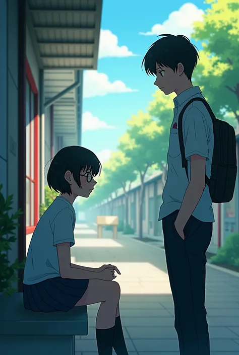 A man walks up to a short-haired, glasses-wearing, Japanese schoolgirl sitting alone in a Japanese anime.