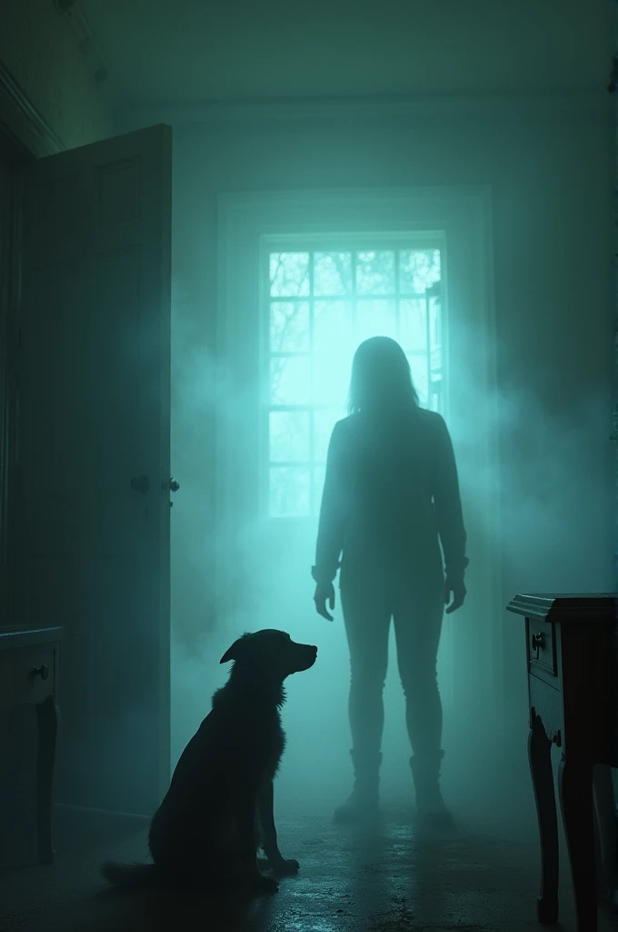 Thick, supernatural fog begins to fill the room of the abandoned house, swirling slowly around the furniture and enveloping the dog and its owner. The fog glows faintly with an otherworldly light, and strange shadows move within it. The air is cold, and th...