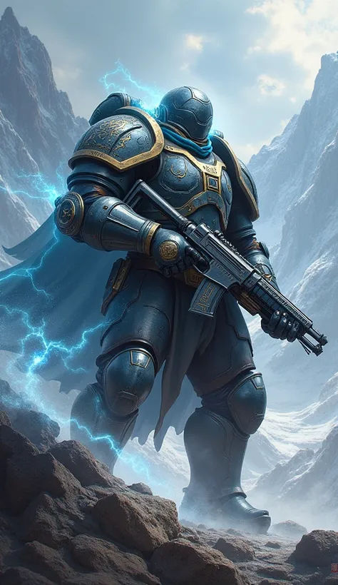 Heavy infantryman in technomagic armor, big magic gun in hands, manapunk, fantasy art, in the mountains, magic, World of Might and Magic, energy projectile-impulse