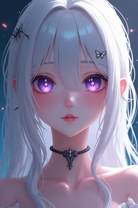 Make a girl with white hair, platinum skin, purple eyes in hentai style