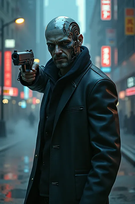 1man, masterpiece, gorgeous,,men head, cyborg men, coat, 4k, streets, buildings, gun, pistol, smoke, high details, gorgeous, 4k, BREAK close up, scary, no humans, cinematic, dramatic,contrast, detailed background, standing, night,fog, wallpaper, misteryous...