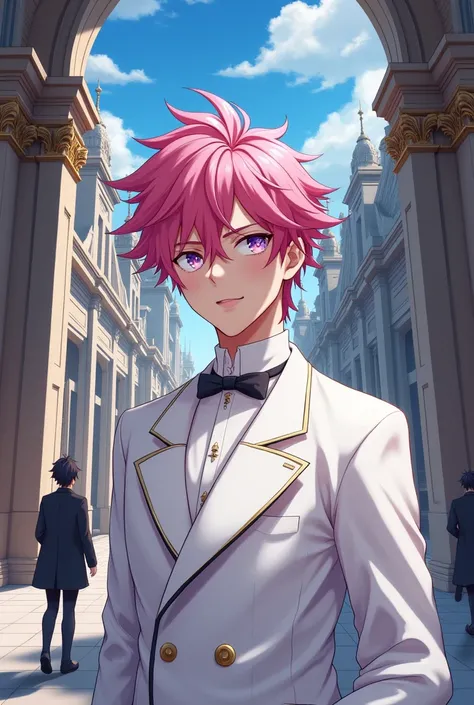 The man is 1. Anime aristocrat with pink hair. Purple eyes. His eyes are rolled up like Robert Downey Jr.s. He is wearing a white uniform. Against the background is a modern academy of magic with Baroque buildings. In the background, other students enter t...