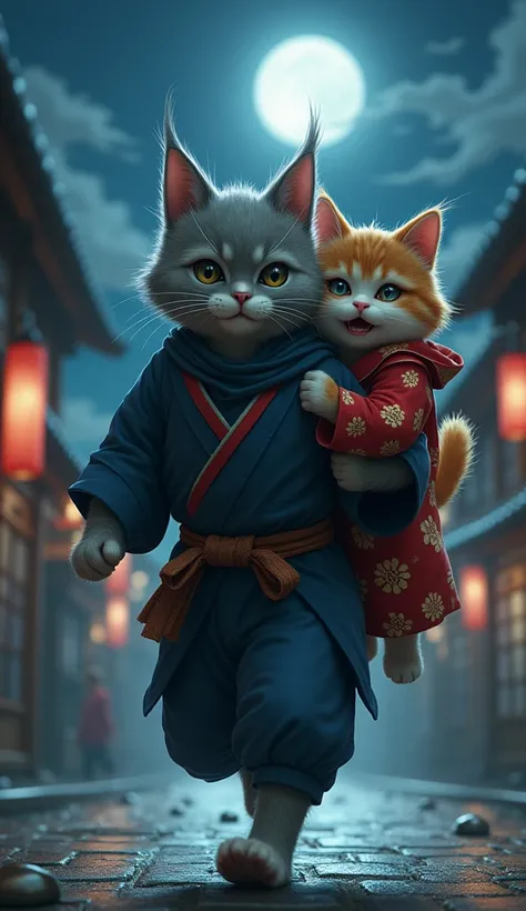 humanoid gray male ninja cat kidnapped a female cat and running ti carry her in the town at moon 🌙 night like japanese style, female cat wear red colour kimono ,she is crying, gray cat carry white cat on his back, furry 