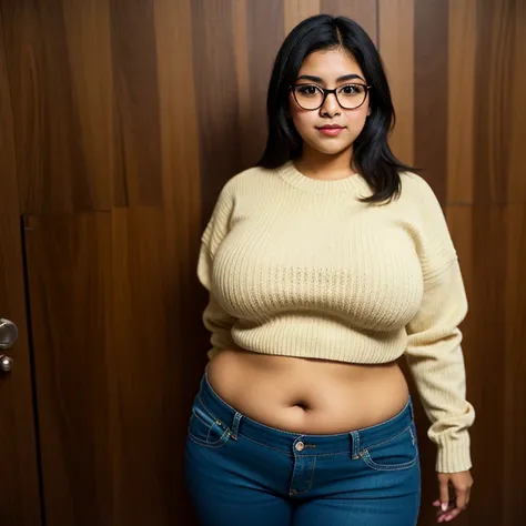 beautiful detailed, cute face, short, mexican teen, slightly chubby, medium black hair, black hair over one eye, glasses, long sleeve shirt sweater, long pants, pearshaped wide hips, solo, voluptuous breasts, top heavy body