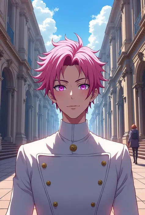 The man is 1. Anime aristocrat with pink hair. Purple eyes. His eyes are rolled up like Robert Downey Jr.s. He is wearing a white uniform. Against the background is a modern academy of magic with Baroque buildings. In the background, other students enter t...