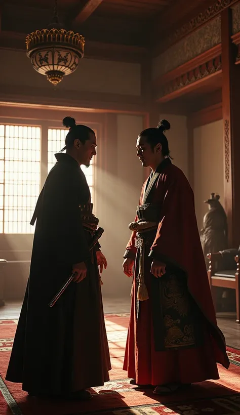 Asano Naganori and Kira Yoshinaka in a traditional Japanese castle, 1701 Japan, Asano in a samurai outfit showing anger, Kira in official attire looking smug, opulent castle interiors, tense atmosphere, hyper-realistic, photo realism, cinematography -- ar ...