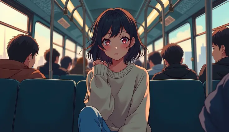 Anime woman on the bus in jeans and sweater