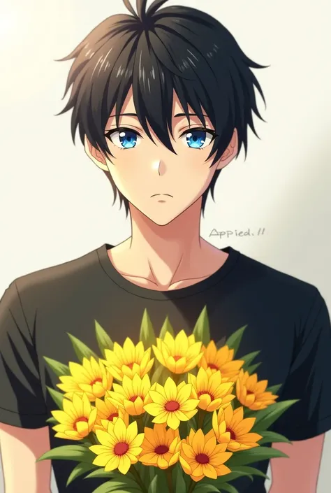 An anime boy, black haired, side swept bangs, beautiful blue eyes, black t-shirt, muscular, holding a bouquet of yellow flowers.
