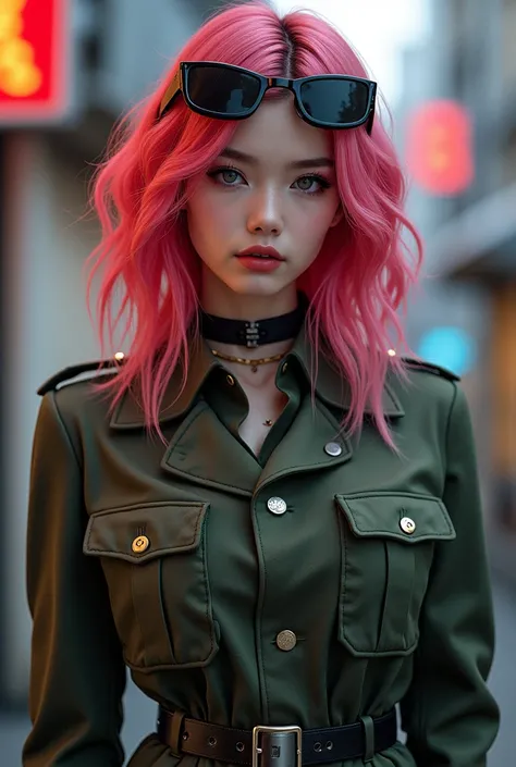 Korean girl wearing army suit with a name Bianca with a red pink hair color have a contact lens and have a mini tattoo in her neck and wearing sunglass with a cool background