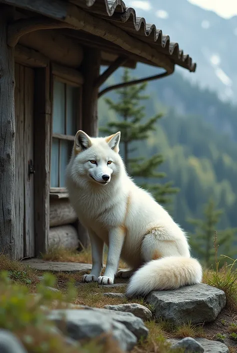 A realistic photo of a bigger white fox under a building which are placed in a mountain at the average stage
