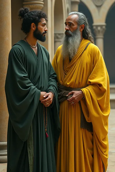 The younger man is in a dark green robe, as evidenced by his simple attire and the string of beads visible around his wrist. His friend in yellow ancient cloths is standing nearst him