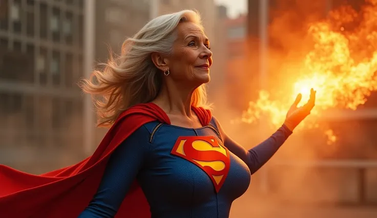 Supergirl 1984 film; Old Supergirl(((Supergirl 70years old) (((very beautiful, pele morena, seios bem grandes, cabelos vermelhos com mexas brancas, old Superwoman (((2024s Helen Slater Supergirl movie costume))) Super woman Julie Hagerty, played by Helen S...