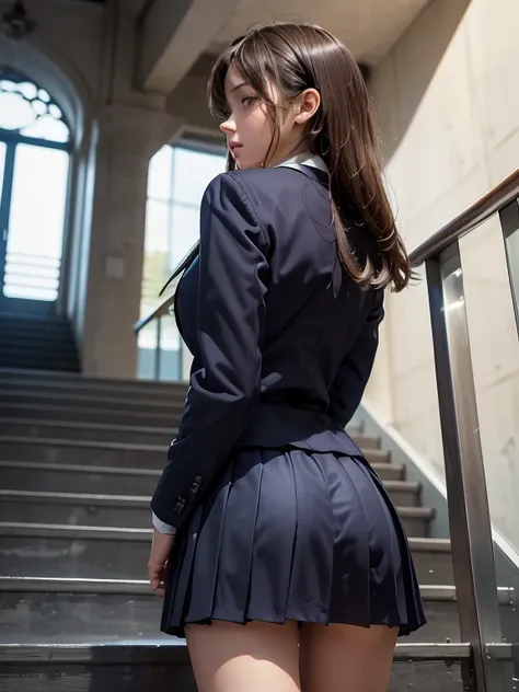 ((highest quality)), ((masterpiece)), (Realistic, Photorealistic, Photorealistic:1.37, Beautiful detailed girl), High school girl going up the stairs at school, (Lift one leg and go up the stairs), navy blazer, mini skirt, navy blue socks, back view, Skirt...