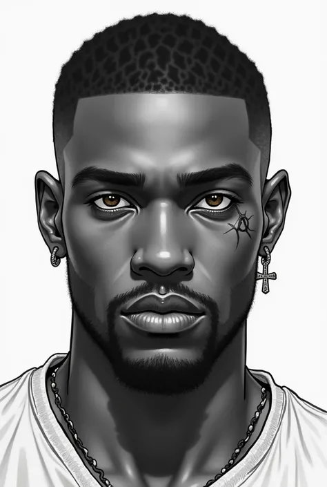 make a mugshot sketch of a black guy with a buzz cut haircut, has a cross earring on the right ear and a piercing on the eyebrow, with thick brows and thick lips, mole on the lower right eye, and has a brown almond eyes, make it handsome please
