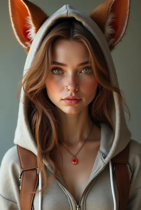 Xayah,t-shirt,  animal ears, yellow eyes, pierced nose, casual clothes, portrait, stunning, hair over shoulder, hoodless, beautiful, 4k