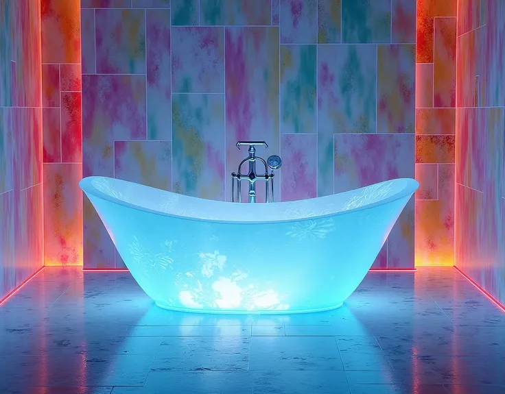 We need an image of a  ice  bathtub placed in a beautiful bathroom surrounded by colourful tiles.