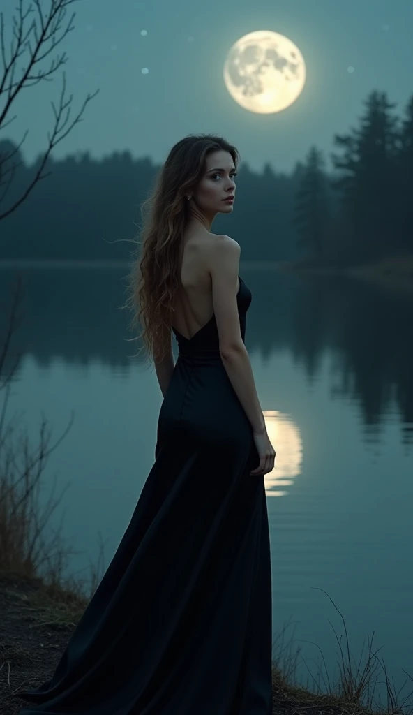 A breathtakingly beautiful 2 Russian woman with finely chiseled features, standing alone beside a calm, moonlit lake under the full moon. Her long, light brown hair cascades down her back, catching the gentle glow of the moonlight. Her striking green eyes ...