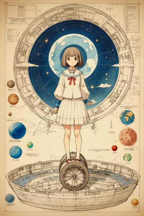 Katsuhiro Otomo, Patryk Hardziej, James Albon, Shusei Nagaoka, Hannah Frank full colours, Surrealism, mysterious, strange, bizarre, fantasy, Sci-fi, Japanese anime, beautiful high school girl in a miniskirt stepping on the bellows of the sun, perfect volum...