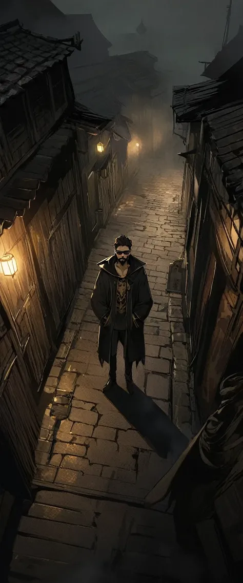 (((One person)))(((One person)))Anime Style。A black silk cape embroidered with gold patterns。Angle from above。Round sunglasses。An empty alley in the fog。A skinny young man with a beard and a narrow face is standing with his hands in his pockets and a sardi...