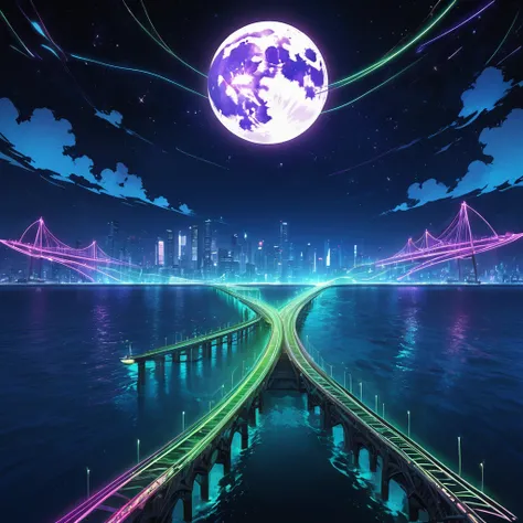 above, neon line art, long bridge across the sea, connecting islands, full moon, Night view, glitter effects