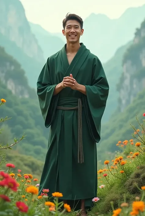 The younger man is in a dark green robe, as evidenced by his simple attire and the string of beads visible around his wrist. He is looking very very happy. He is standing in cool atmosphere of mountains and flower valley 