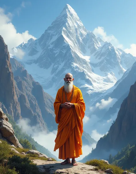 A hindu saint standing in the mountains