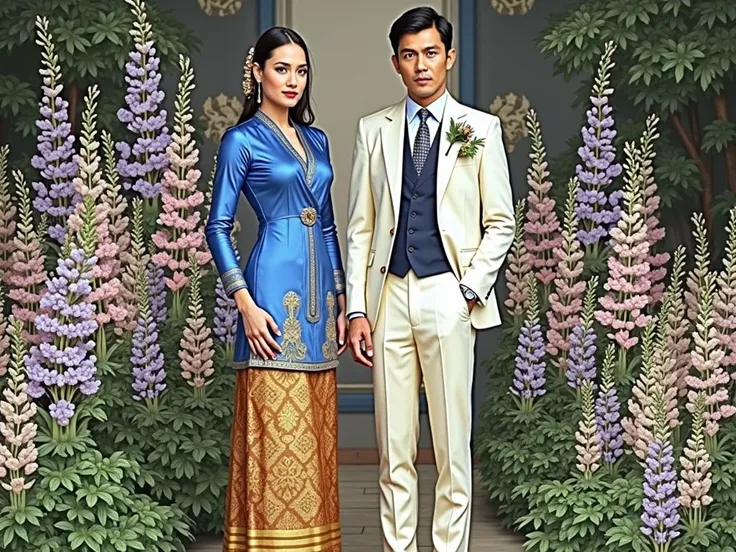 1 man wearing a cream-colored suit, 1 woman wearing a blue Thai dress, Realistic picture