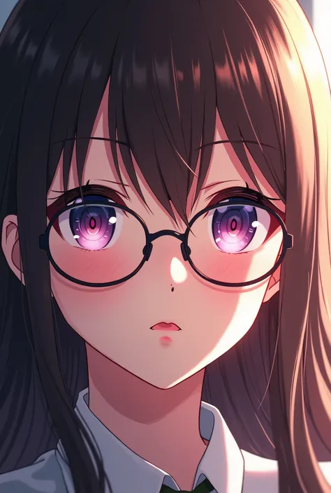 1 girl, Akira Asai from the anime Yofukashi no Uta, long hair, glasses, detailed face, beautiful detailed eyes, beautiful detailed lips, extremely detailed eyes and face, long eyelashes, intricate details, anime style, digital painting, vibrant colors, cin...