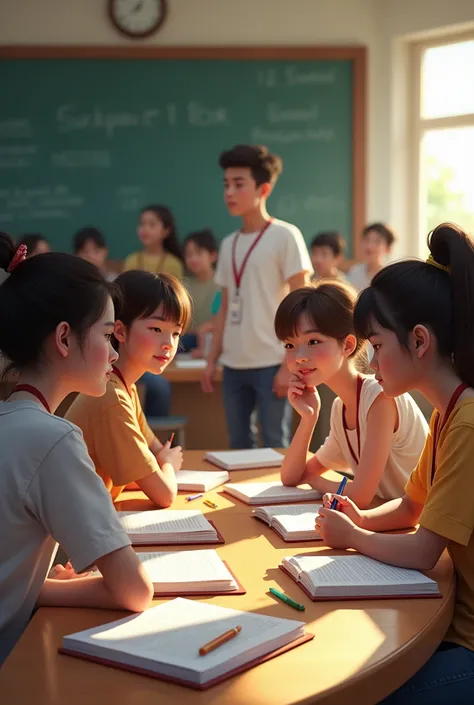 Some students study together in a class room image