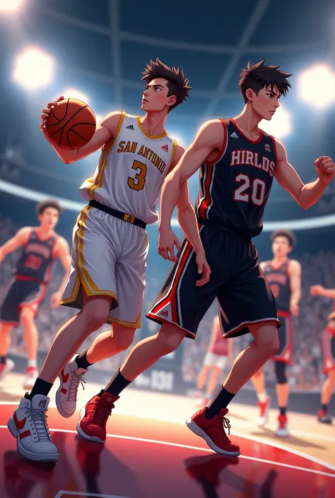 High Resolution, clash . basketball teams... anime men in white gold basketball uniform with San Antonio North label. versus anime men with ball in black with red lining basketball jersey.Emphasis Lines, Backlighting, Depth Of Field, Chromatic Aberration, ...