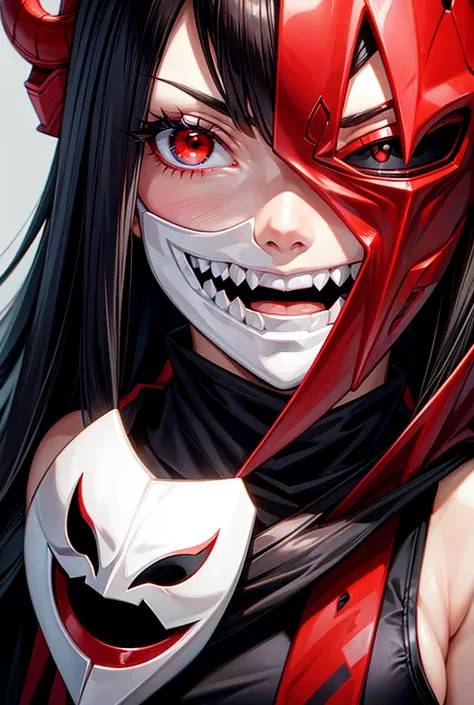 White-skinned girl with dark hair and red eyes who wears a mask that covers her entire face, the evil mask, the mask has a snake symbol 