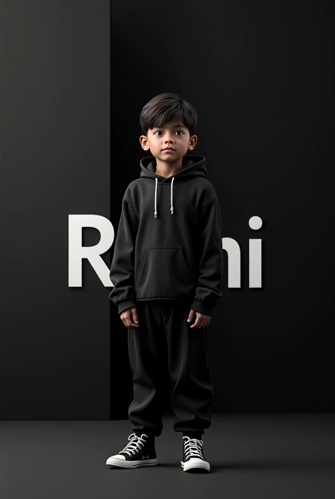 (photorealism:1.2), One The boy who is wearing a black huddy or black pants is style standing and there is a big black background with Rishi written on the background in a white collar 