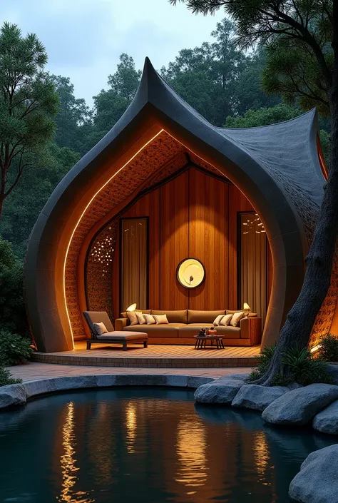 We want the image of a luxurious hut which is beautifully designed and has lighting all around.