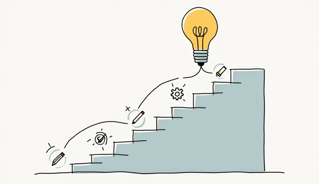 Draw a minimalistic illustration of ideas and steps. Show a lightbulb at the top representing an idea, connected to a staircase leading downward or upward, symbolizing the steps to reach it. Each step can have simple icons, like a pencil for planning, gear...