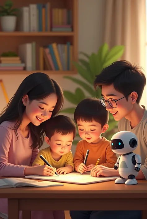 Indonesian mother, father and their kids are using an AI learning pen to study together, accompanied by an AI learning robot. This is an AI learning pen product display.