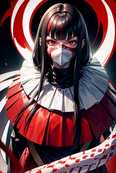 White-skinned girl with dark hair and red eyes who wears a mask that covers her entire face, the evil mask, the mask has a red and dark snake symbol 