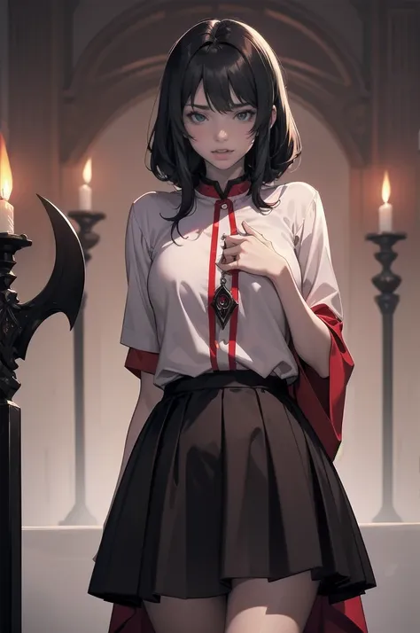 Shadowy Face　、beautiful girl、とてもcute天使、Pink T-shirt、cute、baby face、smile、Long skirt、Black pumps、.(Best Quality,4K,High resolution,Masterpiece 1.2),Very detailed,Real 1.37,Spooky altar background,Dark fantasy,Red color scheme,Ominous atmosphere,Eye-catching...