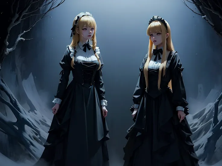 Alice in Wonderland。Dynamic full-body composition。［［Full body of two girls with long blonde hair、The black maid girl has long straight dark blonde hair, a black maid outfit and a black ribbon headdress on her head.。The blue maid girl has blonde curly verti...