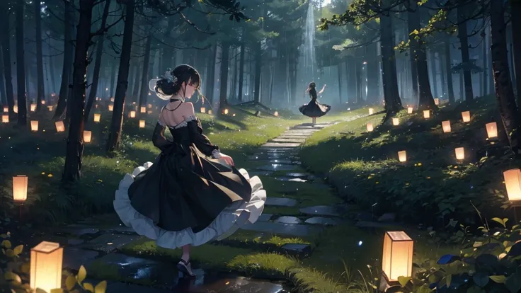 Highest quality、Delicately depicted、In the forest at night、The rain is shaking、Countless lanterns glow mysteriously、In the center, a woman in a black dress is dancing ballet