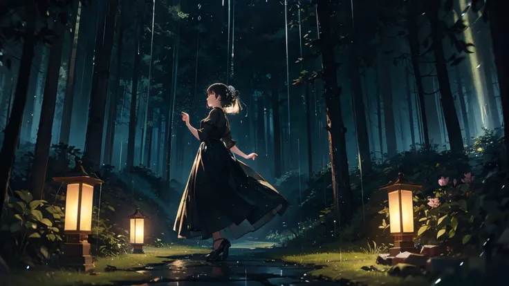 Highest quality、Delicately depicted、In the forest at night、The rain is shaking、Countless lanterns glow mysteriously、In the center, a woman in a black dress is dancing ballet