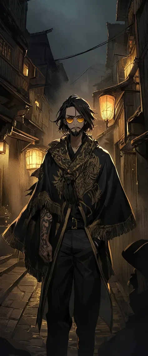 (((One person)))(((One person)))Anime Style。A black silk cape embroidered with gold patterns。Angle from above。Round sunglasses。An empty alley in the fog。A skinny young man with a beard and a narrow face is standing with his hands in his pockets and a sardi...