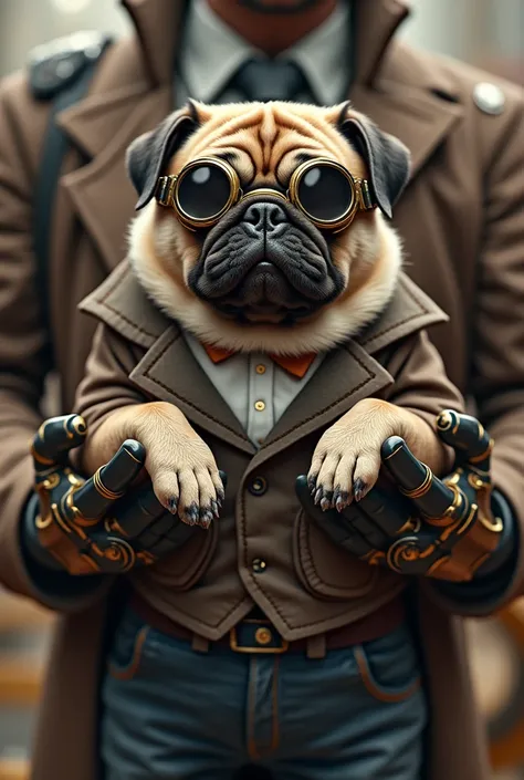 Pug wore jeans and jacket and  goggles with lots of gold he wore and two bodyguards are picking pug in there hand