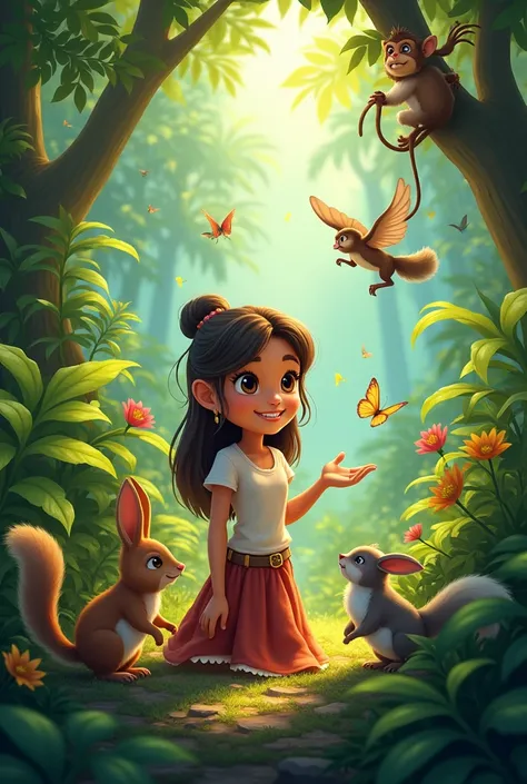 A image of a jungle in which a 22 year girl talking with birds and animals with happy face