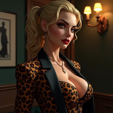 Female mafia with greedy and ruthless character like a prostitute spider, beautiful and evil mature widow in her 30s, leopard print jacket, ladies suit, stylish, face with delicate line tail, shiny blonde hair, tied hair, forehead, arched eyebrows, double ...