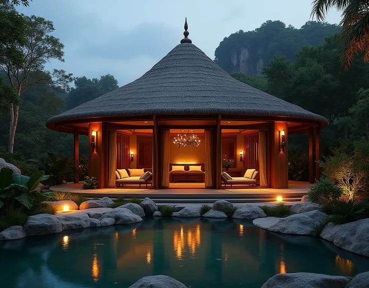 We want the image of a luxurious hut which is beautifully designed and has lighting all around.