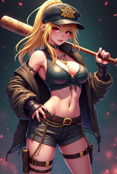 The image features a character with a striking and bold look. She has long blonde hair, with one part tied in a bun, and his eyes are an intense red, Conveying a given expression. The character wears a black outfit with red and gold details., that combines...