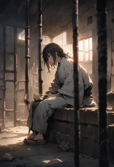 Inside a cold stone prison、A samurai is sitting in an old kimono.。His kimono has a simple texture.、ragged（Rags）It is a state of being covered with。His face was a mix of fatigue and determination.、The little bit of light filtering in through the gaps highli...